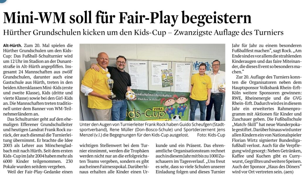 Pressebericht im Kölner Stadtanzeiger und Kölnische Rundschau vom 9. Juni 2026 über den Kids Cup 2026. Der Titel lautet „Mini-WM soll für Fair-Play begeistern“.